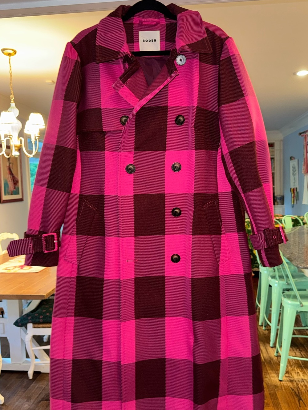 Boden Cheltenham Check Trench Coat Pink Peony Chestnut Gingham Plaid